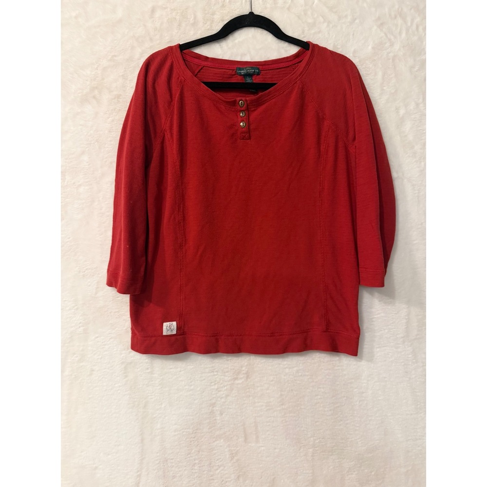 Lauren Ralph Lauren Red Henley Top 3/4 Sleeve Slub Knit Shirt Large LRL Jeans Co